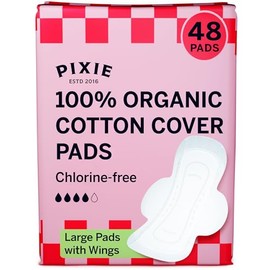 Pixie Organic Cotton Large Pads for Women - Extra Heavy Absorbency with Wings - Leak-Proof, Hypoallergenic & Unscented - Compostable, Biodegradable - 48 Count