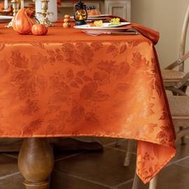 Joyfol Day Fall Thanksgiving Tablecloth, Jacquard Fabric Autumn Square Table Cloth, Countryside Leaves Waterproof Kitchen Dining Harvest Holiday Table Cover (52x52 Inch, Rust/Burnt Orange)