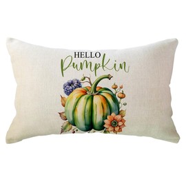 Hello Pumpkin Throw Pillow Covers with Seasonal Floral Plants Autumn Fall Decor Pumpkin Pillow Case Farmhouse Decorative Rectangular/Lumbar Couch Covers 12×20 Inch for Sofa/Couch/Porch(Green)
