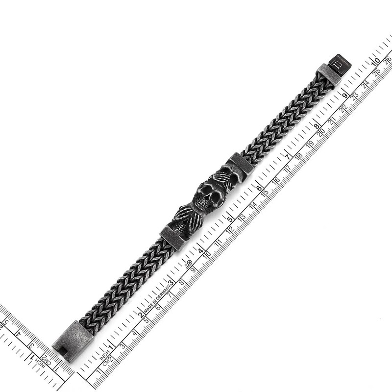 Men's Stainless Steel Three Wise Skulls Bracelet, Heavy-Duty Woven Wheat