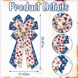 Blinket Large Summer Wreath Bows Navy Blue Bows for Wreaths，Blue Sailor Ribbon Bow Ocean Boat Anchor Decor Bow for Summer Decoration Indoor Outdoor Wreath Ornament Supplies
