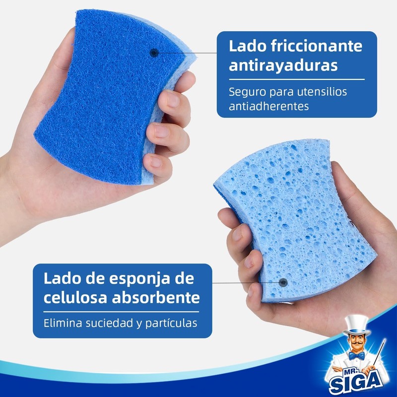 MR.SIGA Esponja Exfoliante de celulosa antiarañazos para Cocina, Doble Cara,