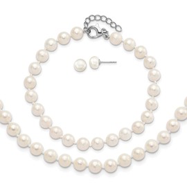 Saris and Things 925 Sterling Silver Rhodium 6-7mm FWC Pearl 18-2 Necklace 7-1 Brace Earring Set