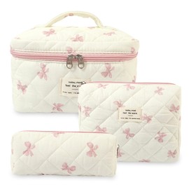 Aucuu 3PCS Coquette Makeup Bag, Quilted Makeup Bag for Women, Floral Cotton Cosmetic Bag Set, Large Capacity Aesthetic Floral Toiletry Bag, Travel Toiletry Bag, Wash Organizer Pouch for Women Girls
