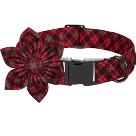 Lionet Paws Christmas Dog Collar with Flower, Dog Flower Collar with Metal Buckle for Dogs, Adjustable Comfortable Dog Collar Girl Gift, M, Neck 13.5-22 in