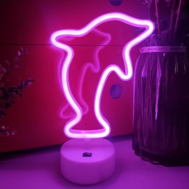 JYWJ Dolphin Neon Sign With Holder Base,USB or 3-AA Battery Powered Neon Light,LED Desktop Wall Decoration,Various Parties,Decoration Of Business Premises(Pink)