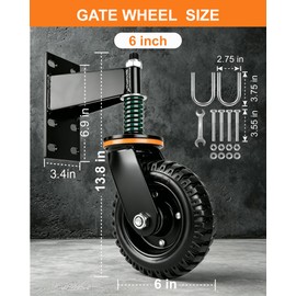 Gate Wheel - 6inch Heavy Duty Gate Wheels for Wooden Gate and Fence or Farm Metal Tube Swing Gate, Gate Caster with Spring Loaded Support, 360 Degree Rotation (6INCH 600lb)