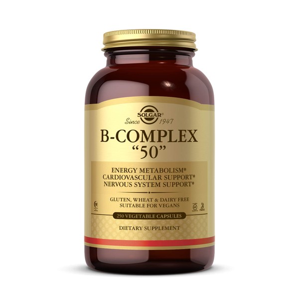 Solgar B-Complex “50”, 250 Vegetable Capsules - Energy Metabolism, Cardiovascular Support, Nervous System Support - Non-GMO, Vegan, Gluten Free, Dairy Free, Kosher, Halal - 250 Servings
