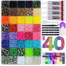 40000Pcs 3mm AB Rhinestones for Bedazzling, 40 Colors Flatback Rhinestone Kit with 4 B7000 Jewelry Glue, 4 Wax Pencils, Tweezers, Sorting Trays, Storage Gift Box for DIY Crafts, Nails, Tumblers, Shoes