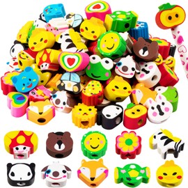 Ospvcwk Pencil Top Erasers for Kids - 50 Pack Assorted Cute Fruit Animal Cap Erasers Bulk, Latex Free Pencil Eraser Tops for Party Favors, Kids Back to School Supplies, Classroom Rewards