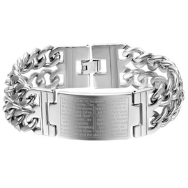 OIDEA Herren Edelsathl Armband, 23mm Breit Groß Glieder Link Handgelenk Schwer Doppel Panzerkette mit Englisch Bibel Gebet Kreuz Kettenarmband Armreif, 23cm, Silber