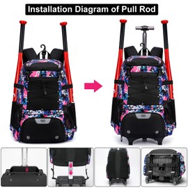 JDITVYHANO Rolling Baseball Bag Wheeled Softball bag for Adult,Baseball bag with Fence Hook forTeeball Gear,Batting Mitten,Helmet,Bat bag with Shoe Compartment.