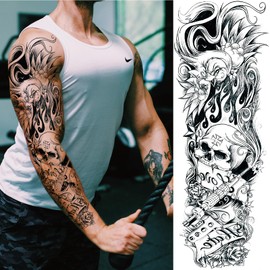 Pirate Skull Temporary Tattoo Sleeves for Men, 4-Sheet Full Arm Large Flower Skeleton Octopus Fake Tattoo Sleeve Adult Women and 4-Sheet Black 3D Anchor Clock Eye Half Temp Tatoo Sticker Leg Body Art