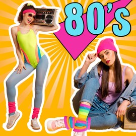 EQLEF 80s Neon Leg Warmers, Rainbow Knee Warmers and Pink Knitted Leg Warmers for Girls, Colour Leg Warmers for Retro 80s Theme Party, Yoga, Casual (2 Pairs), Rainbow, Pink