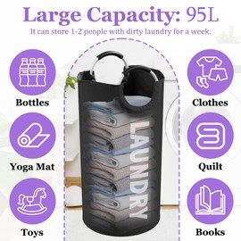 IHOMAGIC 95L Large Laundry Hamper, Foldable Washing Basket with Soft Handles, Freestanding Dirty Clothes Hampers, Portable Laundry Bin for Flat, Bathroom, Black