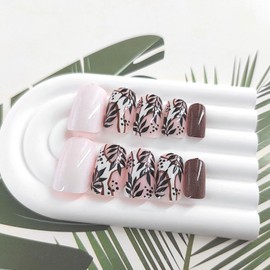 Fall Press on Medium Square Fake Nails with Leaves Dot Irregular Pattern Designs Acrylic Nails Press ons Glossy Glue on Nails White and Brown False Nails Artificial Stick on Nails for Women 24Pcs