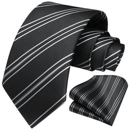 HISDERN Men's Ties Black Tie and Pocket Square Set Striped Formal Business Necktie Handkerchief Classic Woven Silk Mens Tie for Wedding Party