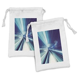 Ambesonne Abstract Fabric Pouch Set of 2, Train Yurikamome Tokyo Modern Landscape at Night Work of Art, Small Drawstring Bag for Toiletries Masks and Favors, 9" x 6", Blue White and Dark Blue