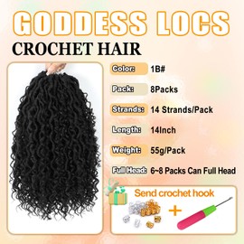 AMLUCKS 8 Packs Goddess Locs Crochet Hair Pre-Looped Boho Faux Locs Messy River Bohemian Crochet Hair for Black Women with Curly Ends (1B#, 14inch)