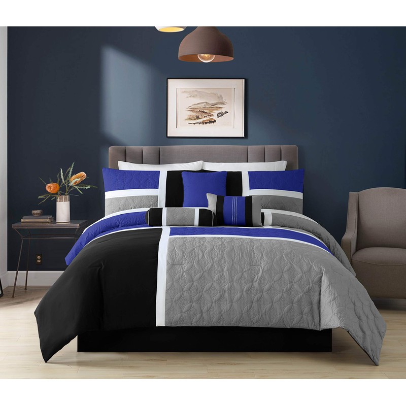 Chezmoi Collection Upland 7-Piece Quilted Patchwork Comforter Set, Blue/Black/Gray, Queen