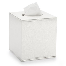 BTSKY PU Leather Cube Tissue Holder Box - Household/Office Square Tissue Box Cover, Textured Tissue Paper Box Case Napkin Holder, White