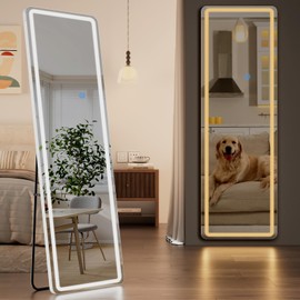Koonmi LED Full Length Mirror, 56"x20" Full Length Mirror with Lights, Lighted Floor Mirrors with Stand, Full Body Mirrors with Dimming & 3 Color Lightingfor Living Room Cloakroom, White