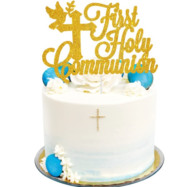 Decoración para tartas de primera comunión dorada con purpurina para cumpleaños de niños, baby shower, bautizo, decoración de fiesta de Dios bendiga