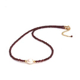 Gempires Red Garnet Beaded Necklace with Freshwater Pearl, Pearl Necklace, January Birthstone, Choker Style, Gift for Mom, friend, Wife, 14k Gold Plated 18 inch Adjustable Chain