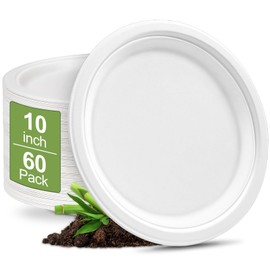 Qi Boo Compostable 10 Inch Disposable Paper Plates [60 Pack] - Heavy Duty Eco-Friendly Sugarcane Fiber Plates for Parties, Weddings, Camping, White Large Biodegradable Sturdy Soak-proof