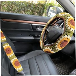 Cubierta del Volante de Crochet, Cubiertas de Volante de automóviles de Girasol Hechos a Mano con 2 Cubiertas de cinturón de Seguridad, Accesorios Decorativos de Autos Decorativos universales de 4 te