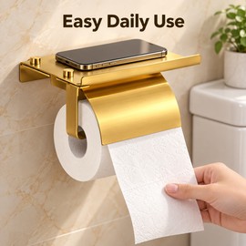 Stainless Steel Toilet Paper Holder with Shelf, Wall-Mounted Bathroom Tissue Roll Holder with Phone Storage, Gold