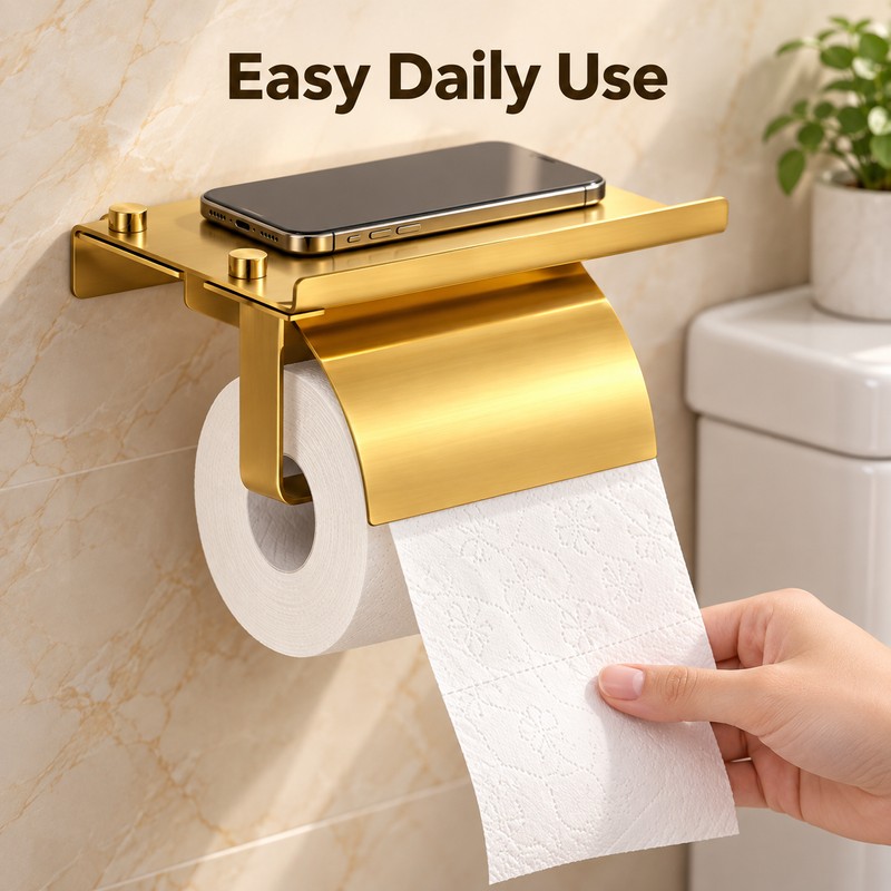 Stainless Steel Toilet Paper Holder with Shelf, Wall-Mounted Bathroom Tissue