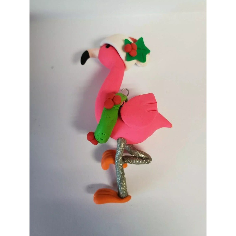 Celtic Forest Clay FLAMINGO Christmas Ornament WEARING SANTA HAT &