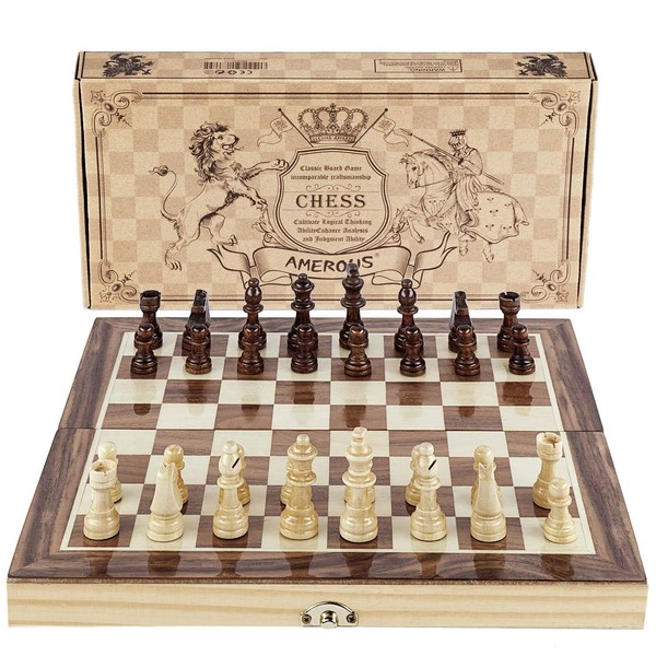 Amerous Chess Set, 12"x12" Folding Wooden Standard Travel International Chess Board Game Set with Magnetic Crafted Pieces For 2 Players
