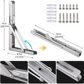 Folding Shelf Brackets, Heavy Duty Stainless Steel Collapsible DIY Wall Mounted Shelf Bracket, Max Load 80kg (10 inch)