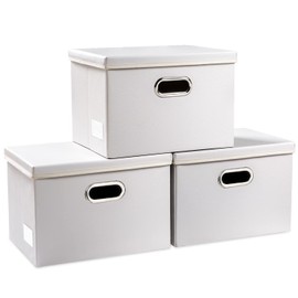 PRANDOM Collapsible Storage Bins with Lids [3-Pack] Leather Fabric Foldable Storage Boxes Organizer Containers Baskets Cube with Cover for Bedroom Closet Office Nursery White (14.9x10.8x10)