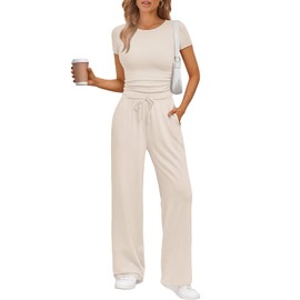 Trendy Queen Womens 2 Two Piece Set 2025 Summer Workout Beach Vacation Gym Clothes Fall Fashion Lounge Matching Sweatsuit Sweat Teacher School Wide Leg Pant Travel Outfit Fitness Athletic Clothing