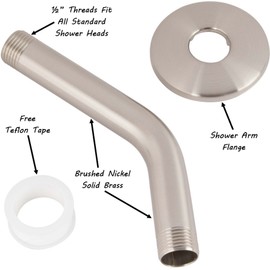 6 Inch Shower Arm And Flange - Solid Stainless Steel, Wall-Mounted For Fixed Shower Head & Handheld Showerhead Mounts - Aqua Elegante - Brushed Nickel