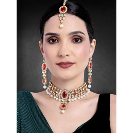 Aheli Indian Wedding Wear Beaded Faux Kundan Pearl Collar Set con Maang Tikka Ethnic Fashion Jewelry para mujeres