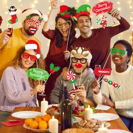 32 Pcs Christmas Photo Booth Props Kit - Merry Christmas Photo Props for Photography, DIY Fun Christmas Photobooth Photoshoot Prop Selfie Pose Sign Set for Adults Kids Christmas Party Favors Supplies