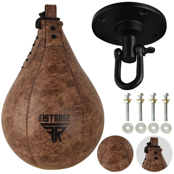 FISTRAGE Speed Ball Boxing Bag Leather MMA Muay Thai Training Punching Dodge Striking Kit with Free Hanging Swivel Workout Speedball Kicking Platform Equipment (Black)