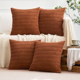 Woaboy Pack of 4 Fall Dark Rust Corduroy Decorative Throw Pillow Covers Soft Boho Striped Pillowcases Farmhouse Modern Home Decor for Couch Sofa Bed Living Room 18x18 Inch
