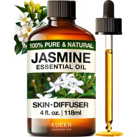 Kukka Jasmine Essential Oil for Diffuser - 4 Fl Oz - 100% Pure Natural Jasmine Oil for Skin, Hair & Soap Making Scents - A Great Relaxing Floral Addition for Hair Care & Perfume