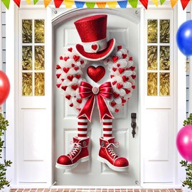BlissYard Valentine Top Hat Door Cover 71x35 Inch Holiday Front Porch Door Banners Decoration Red Heart Tulle Wreath Striped Legs Bow Hanging Banner for Indoor Outdoor Love Party Decor