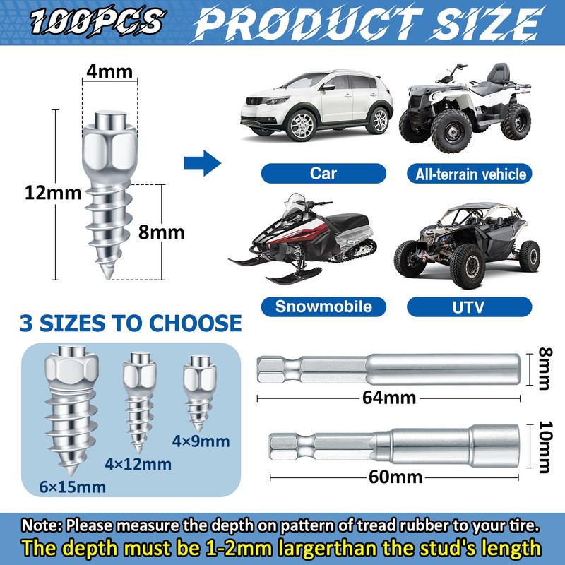Bigmeta Screw Tire Studs, Snow Studs, Snow Tire Spikes with
