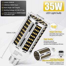 35W 2 pack LED Corn Light Bulb,3000K Warm White(300W Equivalent ) Commercial Grade E26/E39 5000LM Medium Mogul Base LED Lamp,Large Area Lights For Outdoor Indoor Garage supermarket Factory Bay Light