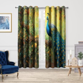 Jekeno Peacock Blackout Curtains, Retro Floral Decor, Feather Flower Cabin Theme Grommet Window Drapes for Bedroom Living Room, 52 Wide 63 Long inches 2 Panels