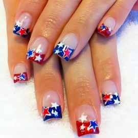 24Pcs 4th of July Press on Nails Short Square Independence Day Fake Nails Red Blue Glitter Star French Tips False Nails Red White Blue Design Glue on Nail Patriotic Artificial Nail for Women Manicure