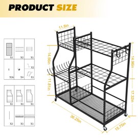 Garden Tool Organizer Rolling Cart Large Capacity Rust-Resistant Metal Tool Cart with Wheels Hooks Garage Shed Yard Outdoor Storage Rack Suitable for Long-Handled Tools/Rakes/Shovels