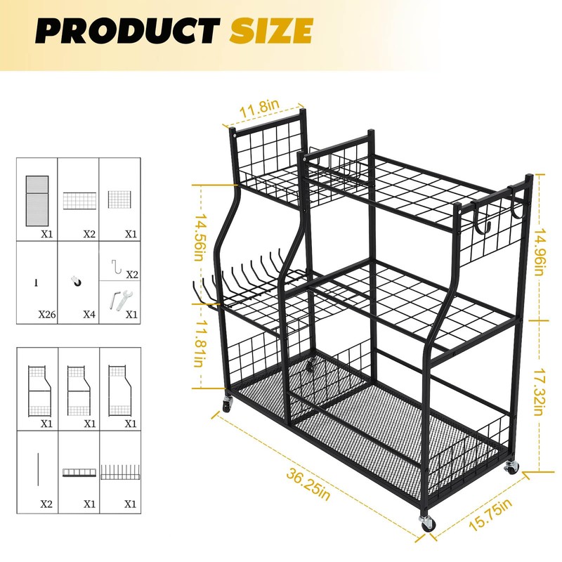 Garden Tool Organizer Rolling Cart Large Capacity Rust-Resistant Metal Tool